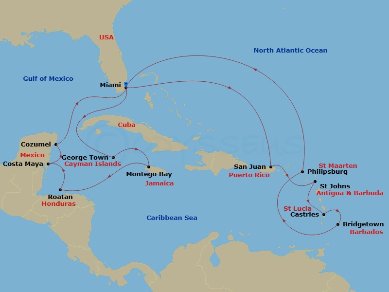 Queen Elizabeth - 21 Night - Caribbean Celebration - Queen Elizabeth - Starting in Miami, FL, San Juan, Puerto Rico, St Johns AG, Antigua, Castries, St Lucia, Bridgetown, Barba.. itinerary map