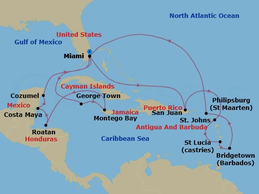 21 Night - Caribbean Celebration - Queen Elizabeth - Starting in Miami, FL, Grand Cayman, Cayman Islands, Montego Bay, Jamaica, Roatan, Honduras, Costa Maya, Mexico, Cozumel, Mexico, Miami, FL, San Juan, Puerto Rico, St Johns AG, Antigua, Castries, St Lucia, Bridgetown, Barbados, Philipsburg, St Maarten, Miami, FL itinerary map