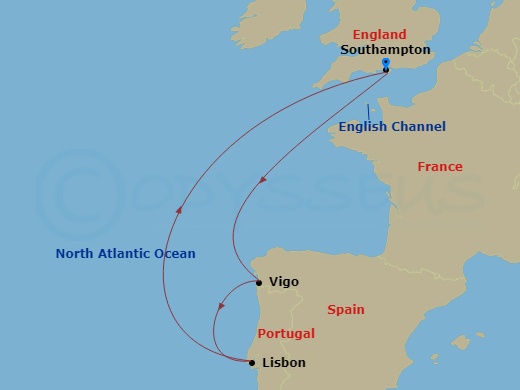 Queen Mary 2 - 7 Night - Spain and Portugal - Queen Mary 2 - Starting in Southampton, England, UK, Vigo (tours to Santiago de Compostela), Spain, Lisbon, Portugal, Southampt.. itinerary map