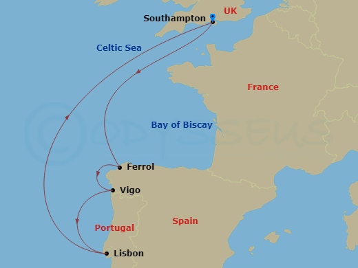 Queen Victoria - 7 Night - Spain and Portugal - Queen Victoria - Starting in Southampton, England, UK, Ferrol, Spain, Vigo (tours to Santiago de Compostela), Spain, Lisbon, Po.. itinerary map