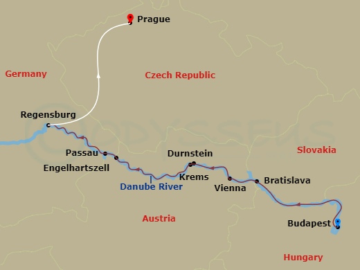Emerald Star - 10 Night - Danube Delights & Classic Prague - Emerald Star - Starting in Budapest, Bratislava, Vienna, Durnstein / Melk, Engelhartszell / Passau, Regensburg,.. itinerary map