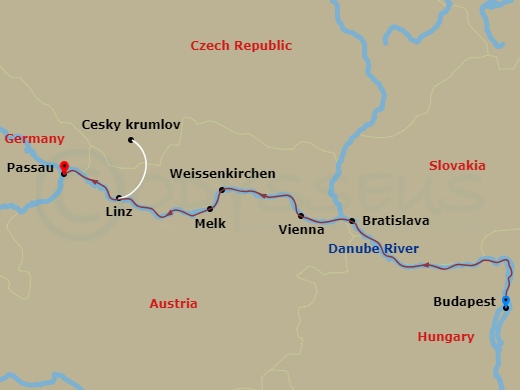 Emerald Luna - 7 Night - Danube Explorer - Emerald Luna - Starting in Budapest, Bratislava, Vienna, Weissenkirchen / Melk, Linz / Cesky Krumlov, Passau itinerary map