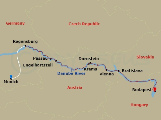Emerald Sun - 7 Night - Danube Delights - Emerald Sun - Starting in Regensburg, Passau, Melk / Durnstein, Vienna, Bratislava, Budapest itinerary map