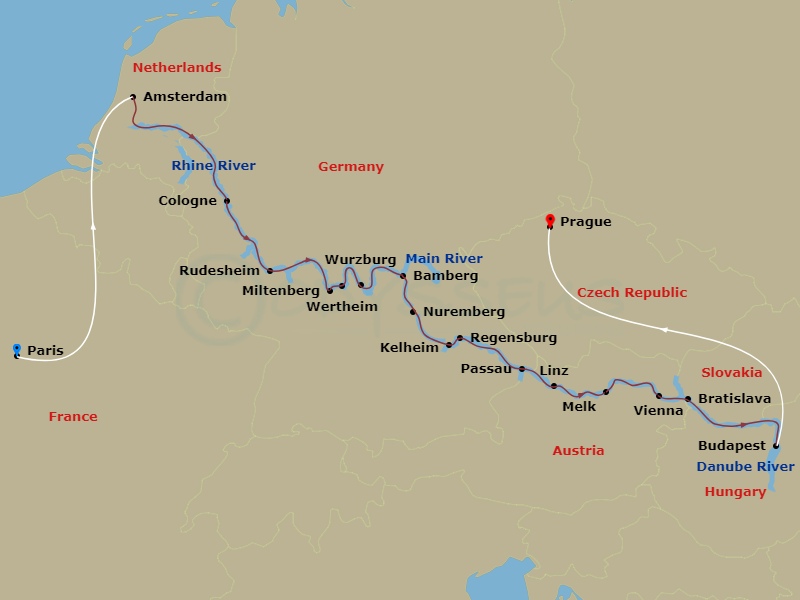 Emerald Dawn - 20 Night - Prague to Paris & Christmas Markets of Europe - Emerald Dawn - Starting in Paris, Paris / Amsterdam, Amsterdam, Cologne, Rudesheim, Miltenberg / We.. itinerary map