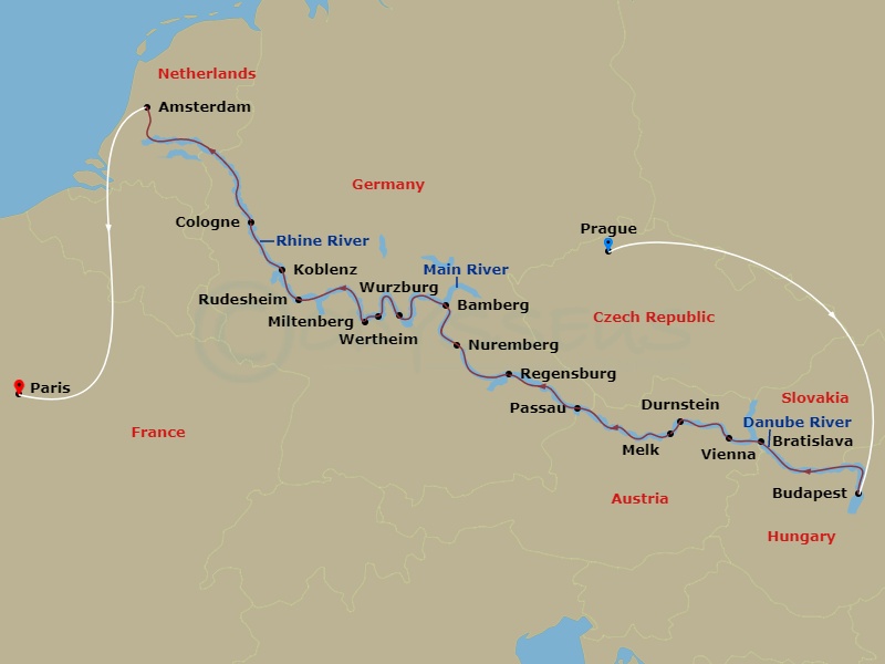 20 Night - Prague to Paris & Splendours of Europe - Emerald Luna - Starting in Prague, Prague / Budapest, Budapest, Bratislava, Vienna, Durnstein / Melk, Passau, Regensburg, Nuremberg, Bamberg, Wurzburg, Wertheim / Miltenberg, Rudesheim / Koblenz, Cologne, Amsterdam, Amsterdam / Paris, Paris itinerary map