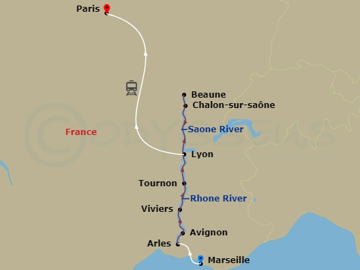 Emerald Liberte - 9 Night - Autumn Sensations of Lyon and Provence & Paris - Emerald Liberte - Starting in Marseille / Arles, Arles, Avignon, Viviers, Tournon, Vienne, Lyon, Ly.. itinerary map