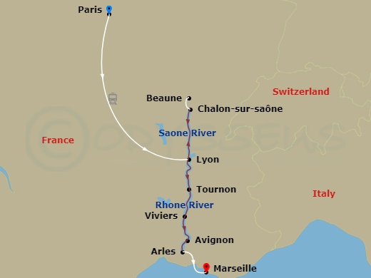 Emerald Liberte - 9 Night - Paris & Springtime Sensations of Lyon and Provence - Emerald Liberte - Starting in Paris, Paris / Lyon, Lyon, Vienne, Tournon, Viviers, Avignon, Arl.. itinerary map