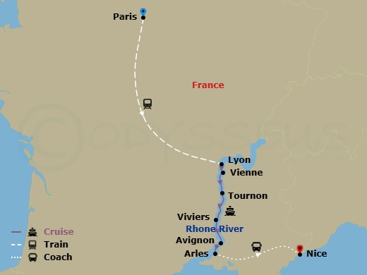 12 Night - Paris to Nice & Sensations of Lyon and Provence - Emerald Liberte - Starting in Paris, Paris / Lyon, Lyon, Vienne, Tournon, Viviers, Avignon, Arles, Arles / Nice, Nice itinerary map