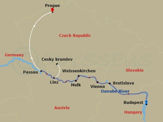 Emerald Luna - 10 Night - Danube Explorer & Prague - Emerald Luna - Starting in Budapest, Bratislava, Vienna, Weissenkirchen / Melk, Linz / Cesky Krumlov, Passau, Passau / P.. itinerary map