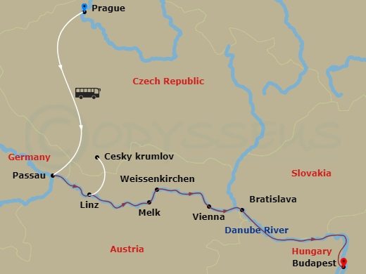 Emerald Luna - 10 Night - Prague & Danube Explorer - Emerald Luna - Starting in Prague, Prague / Passau, Passau, Linz / Cesky Krumlov, Melk / Weissenkirchen, Vienna, Vienna.. itinerary map
