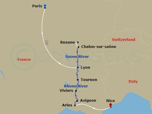 Emerald Liberte - 9 Night - Paris & Sensations of Lyon and Provence - Emerald Liberte - Starting in Paris, Paris / Lyon, Lyon, Macon, Tournon, Viviers, Avignon, Arles, Arles /.. itinerary map