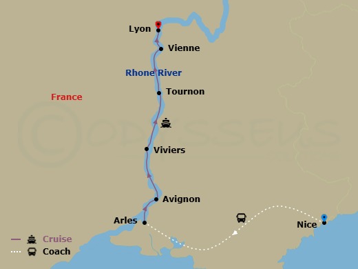 10 Night - Nice & Autumn Sensations of Lyon & Provence - Emerald Liberte - Starting in Nice, Nice / Arles, Arles, Avignon, Viviers, Tournon, Vienne, Lyon itinerary map