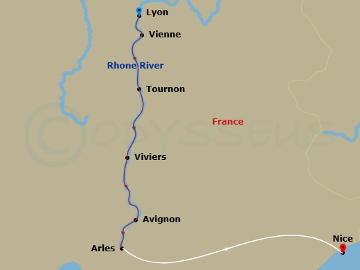 Emerald Liberte - 10 Night - Sensations of Lyon and Provence & Nice - Emerald Liberte - Starting in Lyon, Vienne, Tournon, Viviers, Avignon, Arles, Arles / Nice, Nice itinerary map