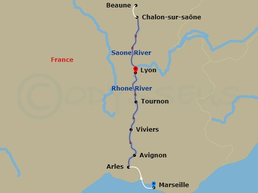 Emerald Liberte - 7 Night - Sensations of Lyon & Provence - Emerald Liberte - Starting in Marseille / Arles, Arles, Avignon, Viviers, Tournon, Macon, Lyon itinerary map
