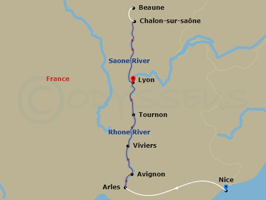 Emerald Liberte - 7 Night - Sensations of Lyon & Provence - Emerald Liberte - Starting in Nice / Arles, Arles, Avignon, Viviers, Tournon, Macon, Lyon itinerary map