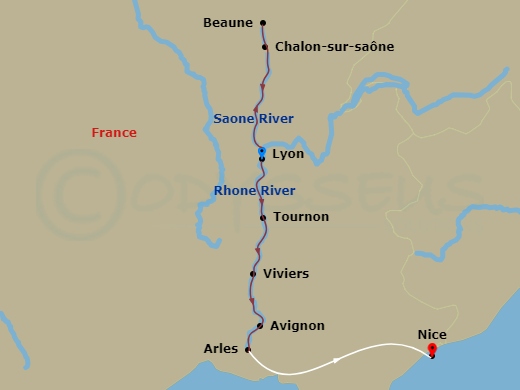 Emerald Liberte - 7 Night - Sensations of Lyon & Provence - Emerald Liberte - Starting in Lyon, Macon, Tournon, Viviers, Avignon, Arles, Arles / Nice itinerary map