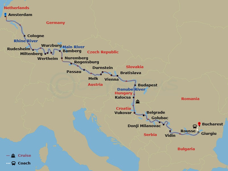 Emerald Dawn - 22 Night - Discover the Rhine, Main & Danube Rivers - Emerald Dawn - Starting in Amsterdam, Cologne, Rudesheim, Miltenberg / Wertheim, Wurzburg, Bamberg, Nure.. itinerary map
