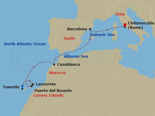 MSC Musica - 8 Night - Canary Islands and Madeira - MSC Musica - Starting in Santa Cruz de Tenerife, Arrecife De Lanzarote (Canary Islands), Spain, Puerto Del Rosario / Fu.. itinerary map
