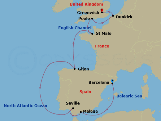 13 Night - Spanish Nights & Storied Coasts - Seabourn Venture - Starting in Barcelona, Spain, Malaga, Spain, Seville, Spain, Gijon, Spain, St Malo (Le Mont Saint Michel), France, Poole, UK, Dunkirk (Lille), France, Greenwich (London), England, United Kingdom itinerary map