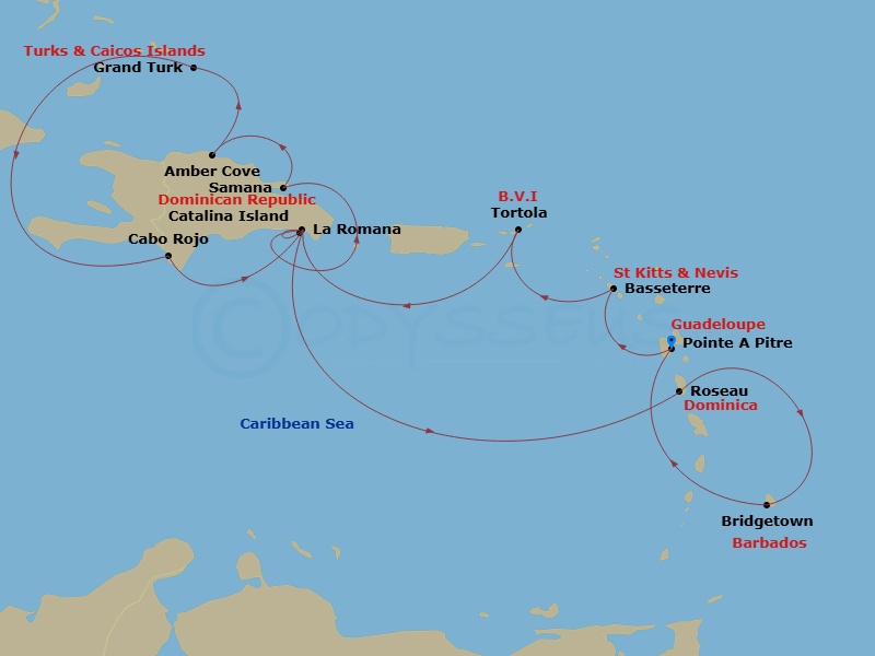 Costa Pacifica - 14 Night - Western Caribbean from Pointe a Pitre - Costa Pacifica - Starting in Pointe-a-Pitre, Basseterre, Tortola (Road Harbour), Casa De Campo / La Romana,.. itinerary map