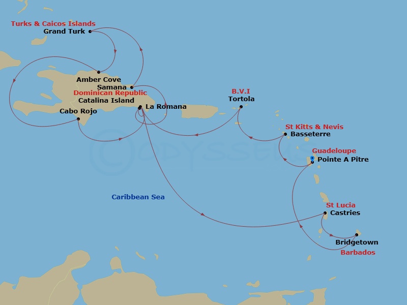 Costa Pacifica - 14 Night - Western Caribbean from Pointe a Pitre - Costa Pacifica - Starting in Pointe-a-Pitre, Basseterre, Tortola (Road Harbour), Casa De Campo / La Romana,.. itinerary map