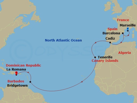 Costa Pacifica - 14 Night - Transatlantic from Marseille - Costa Pacifica - Starting in Marseille, Barcelona, Cadice, Santa Cruz de Tenerife, Bridgetown, Barbados, Casa De Cam.. itinerary map