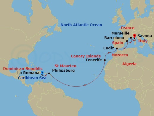Costa Pacifica - 15 Night - Caribbean from La Romana to Savona - Costa Pacifica - Starting in Casa De Campo / La Romana, St Maarten (Philipsburg), Santa Cruz de Tenerife, Cadi.. itinerary map