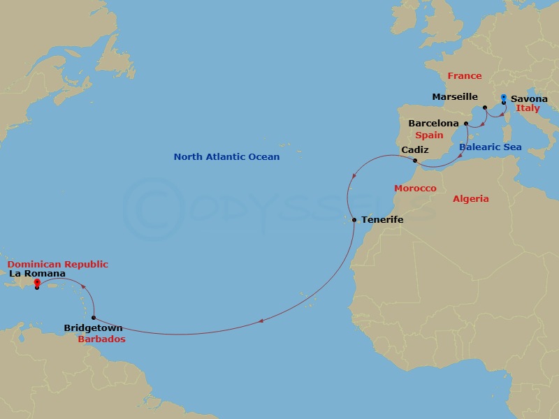 Costa Pacifica - 15 Night - Caribbean from Savona to La Romana - Costa Pacifica - Starting in Savona, Marseille, Barcelona, Cadice, Santa Cruz de Tenerife, Bridgetown, Barbado.. itinerary map