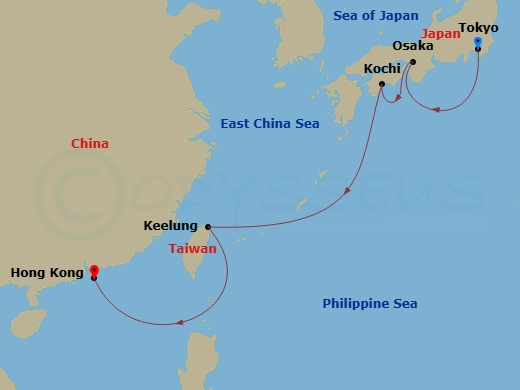 Seabourn Encore - 8 Night - Treasures of Japan & Taiwan - Seabourn Encore - Starting in Tokyo, Japan, Osaka, Japan, Kochi, Japan, Keelung (Taipei), Taiwan, Hong Kong, China itinerary map