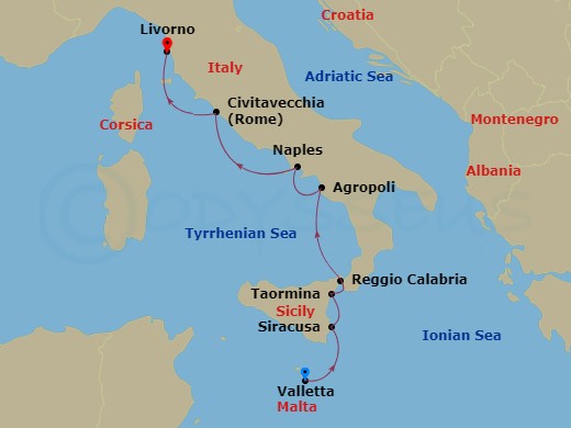 Le Dumont-D'Urville - 8 Night - Ancient Wonders and Culinary Delights : Cruising Southern Italy and Sicily - with Smithsonian Journeys - Le Dumont-D'Urville - Starting in Valletta,.. itinerary map