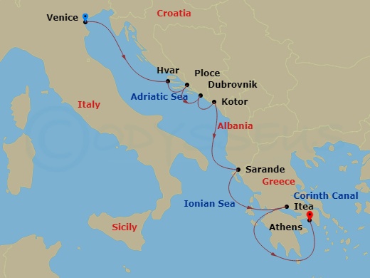Le Boreal - 7 Night - Cruising the Dalmatian Coast and the Ionian Sea : Venice to Athens - with Smithsonian Journeys - Le Boreal - Starting in Venice, Hvar, Ploce, Dubrov.. itinerary map