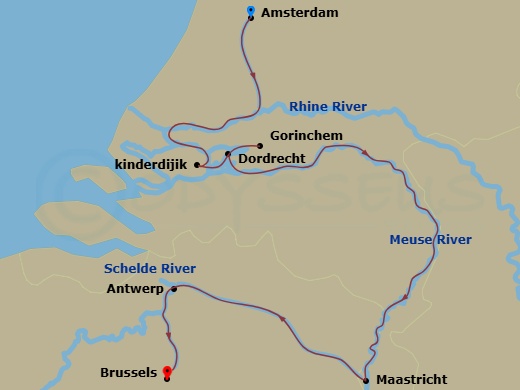 S.S. Victoria - 7 Night - Holland & Belgium at Tulip Time - S.S. Victoria - Starting in Amsterdam, Kinderdijk, Dordrecht, Gorinchem, Maastricht, Antwerp (Scheldekaai), Brussels itinerary map