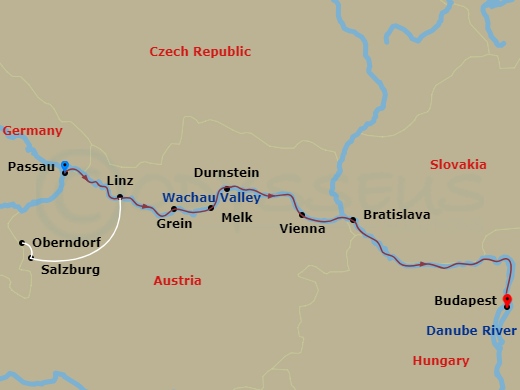 S.S. Maria Theresa - 10 Night - Enchanting Christmas & New Year's - S.S. Maria Theresa - Starting in Passau, Linz (Salzburg), Grein, Melk, Cruising the Wachau Valley, Durnstein, V.. itinerary map