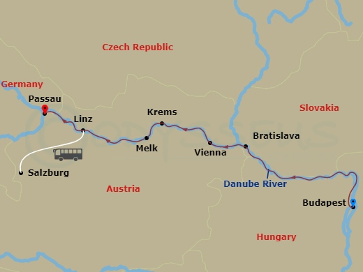 S.S. Maria Theresa - 7 Night - Danube Holiday Markets - S.S. Maria Theresa - Starting in Budapest, Cruising the Danube River, Bratislava, Vienna, Krems, Melk, Linz (Salzburg), Pas.. itinerary map
