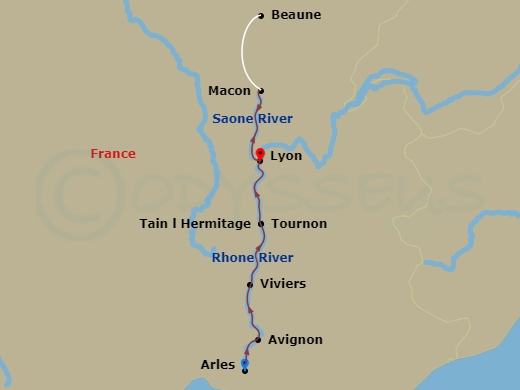 S.S. Catherine - 7 Night - Burgundy & Provence - S.S. Catherine - Starting in Arles, Avignon, Viviers, Tain-lHermitage (Tournon), Lyon, Macon (Beaune), Lyon itinerary map