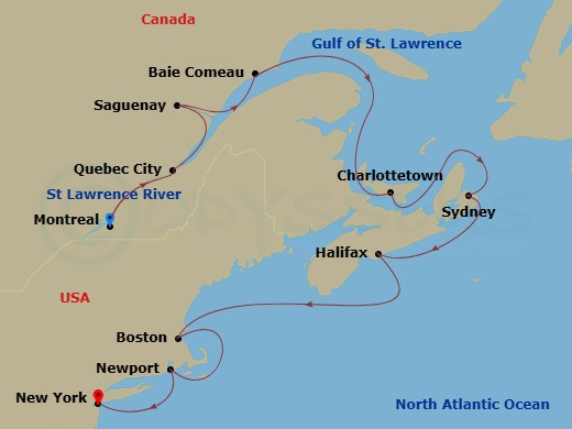 HAL Volendam - 12 Night - Colonial New England : Montreal - HAL Volendam - Starting in Montreal, Quebec, Canada, Saint Lawrence River Cruising, Quebec City, Quebec, Canada,.. itinerary map