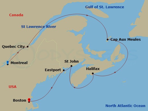 HAL Volendam - 7 Night - Canada & New England : Montreal, Maritimes & Maine - HAL Volendam - Starting in Montreal, Quebec, Canada, Saint Lawrence River Cruising, Quebec City.. itinerary map