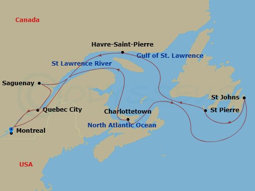 HAL Volendam - 11 Night - Canada & New England Circle : Newfoundland & Montreal - HAL Volendam - Starting in Montreal, Quebec, Canada, Saint Lawrence River Cruising, Quebec.. itinerary map