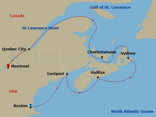 HAL Volendam - 7 Night - Canada & New England : Maine, Maritimes & Montreal - HAL Volendam - Starting in Boston, Massachusetts, Eastport, ME, Halifax, Nova Scotia, Canada, S.. itinerary map