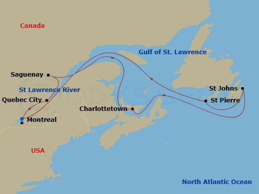 HAL Volendam - 10 Night - Canada & New England Circle : New France & Montreal - HAL Volendam - Starting in Montreal, Quebec, Canada, Saint Lawrence River Cruising, Quebec Ci.. itinerary map