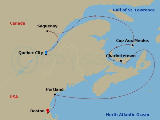 HAL Zuiderdam - 7 Night - Canada & New England : Unesco Sites & Quebecois Nights - HAL Zuiderdam - Starting in Quebec City, Quebec, Canada, Saguenay, Quebec, Canada, Cruising.. itinerary map