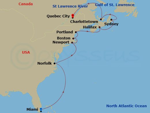 HAL Zuiderdam - 14 Night - Atlantic & Colonial New England with History Channel - HAL Zuiderdam - Starting in Miami, Florida, Norfolk, Virginia, Newport, Rhode Island, Boston.. itinerary map