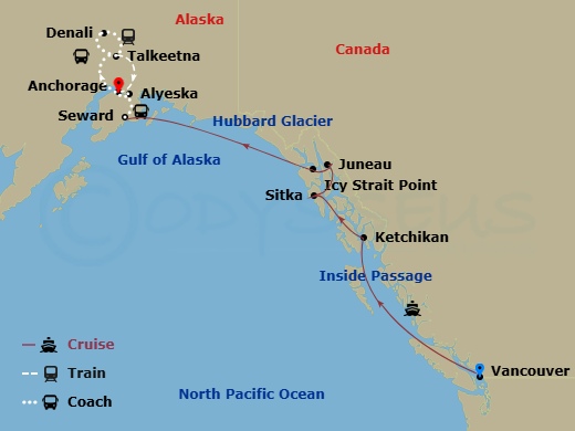 Celebrity Summit Cruise Tours - 10 Night - Talkeetna Treasures Cruisetour 1A - Celebrity Summit Cruise Tours - Starting in Vancouver, British Columbia, Inside Passage (Cruising), Ketchikan,.. itinerary map