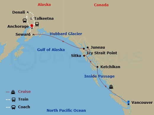 Celebrity Summit Cruise Tours - 9 Night - Denali Express Cruisetour 11A - Celebrity Summit Cruise Tours - Starting in Vancouver, British Columbia, Inside Passage (Cruising), Ketchikan, Alask.. itinerary map