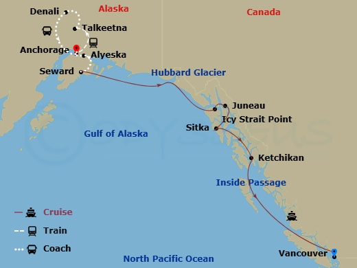 Celebrity Summit Cruise Tours - 12 Night - Alaska Mountain Medley Cruisetour 5A - Celebrity Summit Cruise Tours - Starting in Vancouver, British Columbia, Inside Passage (Cruising), Ketchika.. itinerary map