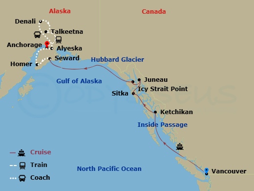 Celebrity Summit Cruise Tours - 13 Night - Homer Discovery and Heartland Ct10a - Celebrity Summit Cruise Tours - Starting in Vancouver, British Columbia, Inside Passage (Cruising), Ketchikan.. itinerary map