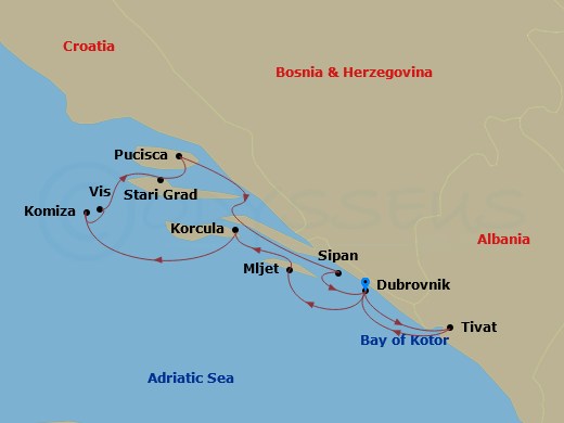 Le Ponant - 7 Night - Croatia, Under Sail - Le Ponant - Starting in Dubrovnik, Croatia, Mljet, Korcula, Komiza, Vis Island, Vis Island, Stari Grad, Hvar Island, Pucisca,.. itinerary map