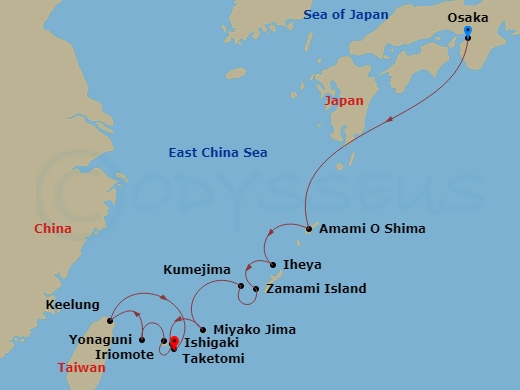 Le Jacques Cartier - 11 Night - Odyssey in the Heart of Japan's Subtropical Islands - Le Jacques Cartier - Starting in Osaka, Amamioshima, Iheyajima, Zamami, Kumejima, Miyakojima,.. itinerary map