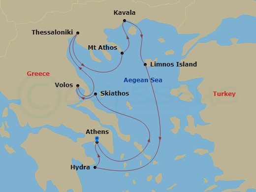 Le Dumont-D'Urville - 7 Night - The Greek Islands with Nemanja Radulovic and Friends - Le Dumont-D'Urville - Starting in Athens, Skiathos, Volos, Thessaloniki, Sailing along Mount.. itinerary map