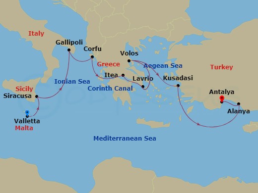 Le Dumont-D'Urville - 10 Night - The Mediterranean : in the Footsteps of Great Civilisations - Le Dumont-D'Urville - Starting in Valletta, Syracuse, Sicily, Gallipoli, Corfu, Itea,.. itinerary map
